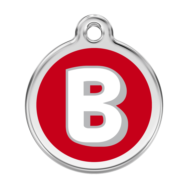 Vue avant - Médaille personnalisée pour chien Red Dingo Émail et acier inoxydable - Lettre B - Rouge - Talla L