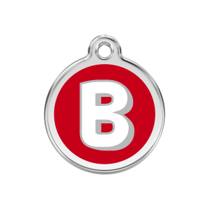 Placa para perro mediana con letra B en esmalte rojo y acero inoxidable
