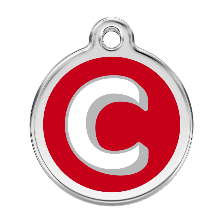 Vue avant - Médaille personnalisée pour chien Red Dingo Émail et acier inoxydable - Lettre C - Rouge - Talla L