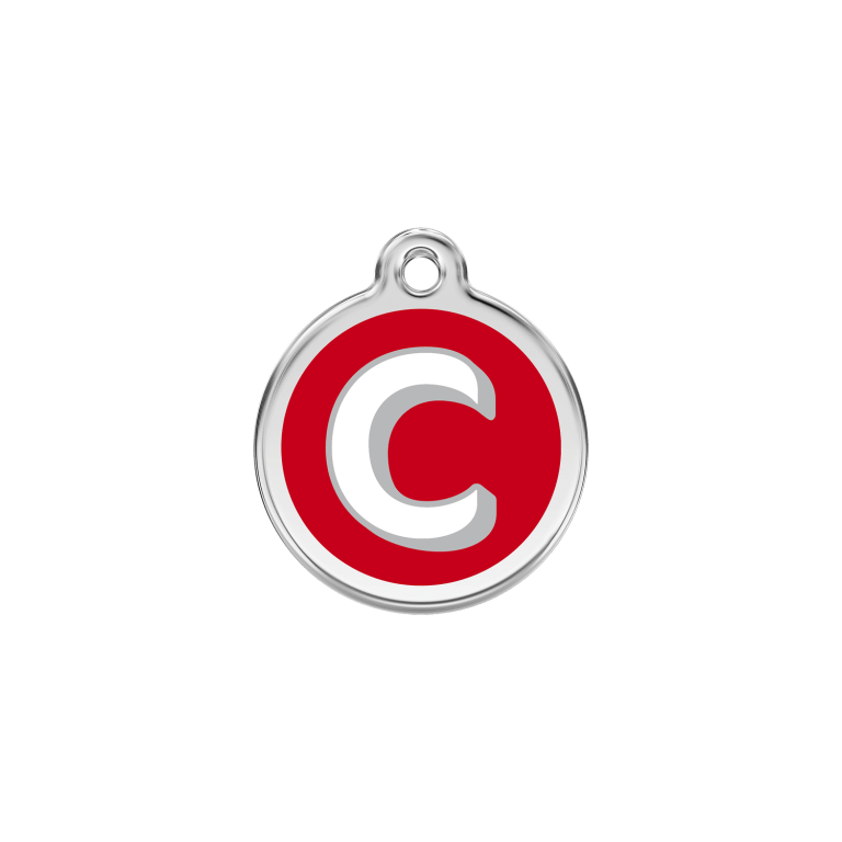 Vue avant - Médaille personnalisable pour chien ou chat Red Dingo Émail et acier inoxydable - Lettre C - Rouge - Talla S