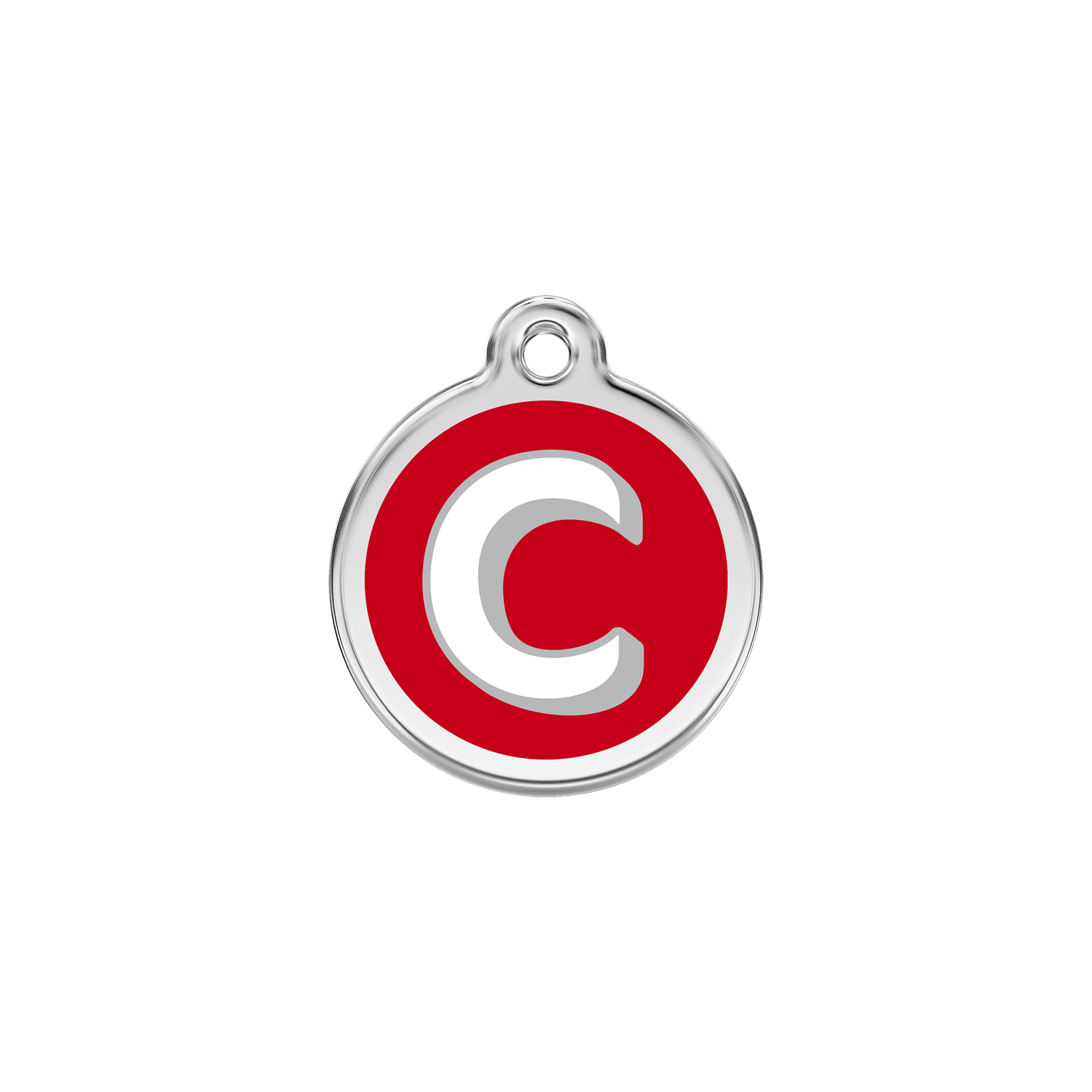 Vue avant - Médaille personnalisable pour chien ou chat Red Dingo Émail et acier inoxydable - Lettre C - Rouge - Talla S
