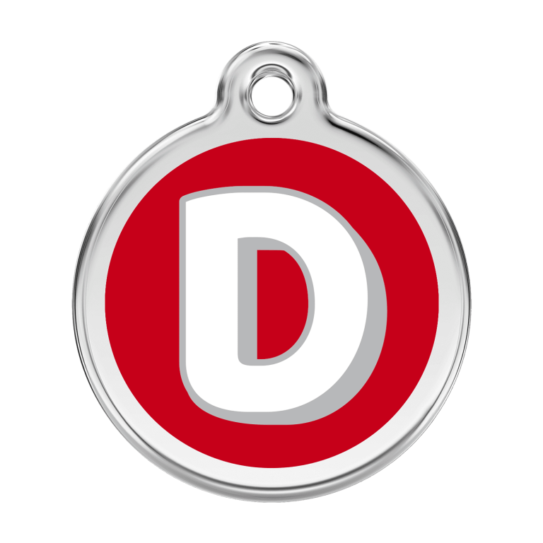 Vue avant - Médaille personnalisée pour chien Red Dingo Émail et acier inoxydable - Lettre D rouge - Talla L 38.00mm