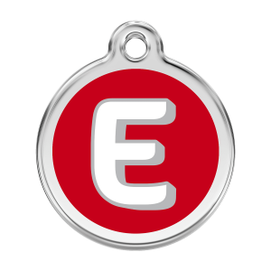Placa para perro grande con letra E en esmalte rojo y acero inoxidable