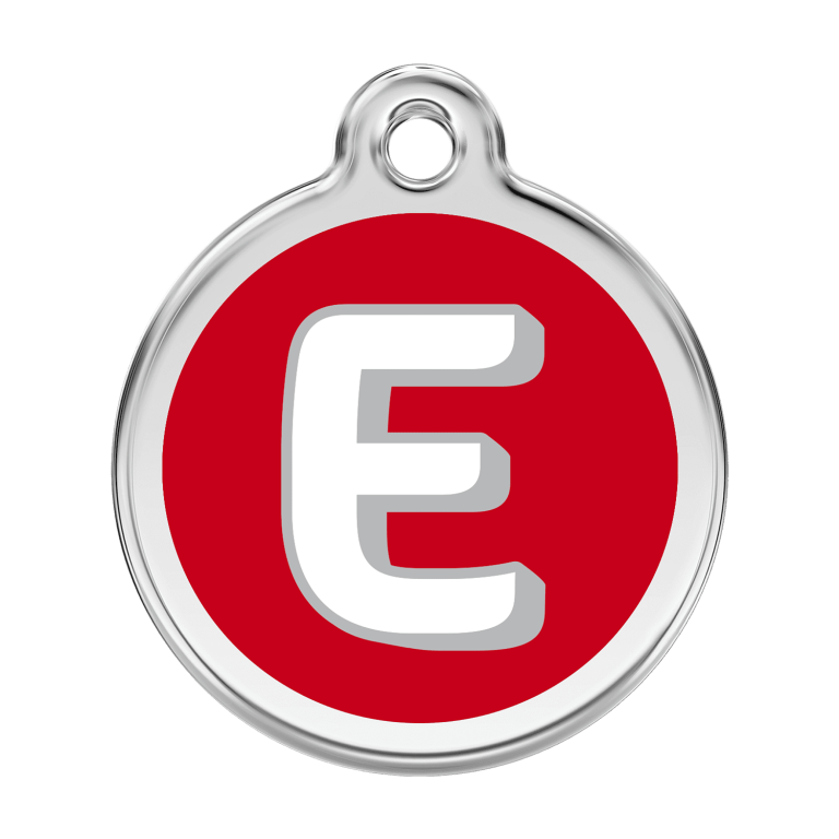 Vue avant - Médaille personnalisée pour chien Red Dingo Émail et acier inoxydable - Lettre E - Rouge - Talla L