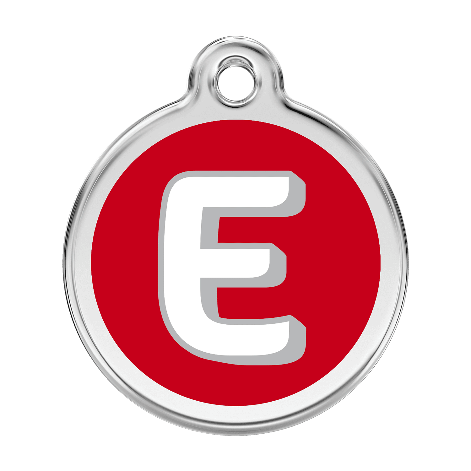 Vue avant - Médaille personnalisée pour chien Red Dingo Émail et acier inoxydable - Lettre E - Rouge - Talla L
