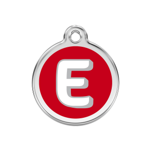 Placa para perro mediana con letra E en esmalte rojo y acero inoxidable