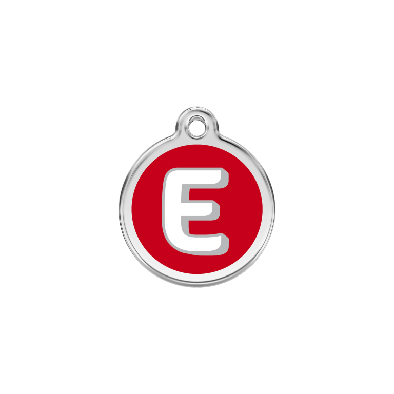 Vue avant - Médaille personnalisée pour chien/chat Red Dingo Émail/Acier inoxydable - Lettre E - Rouge - Talla S