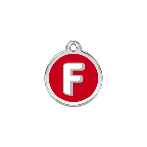 Placa para gato pequeña con letra F en esmalte rojo