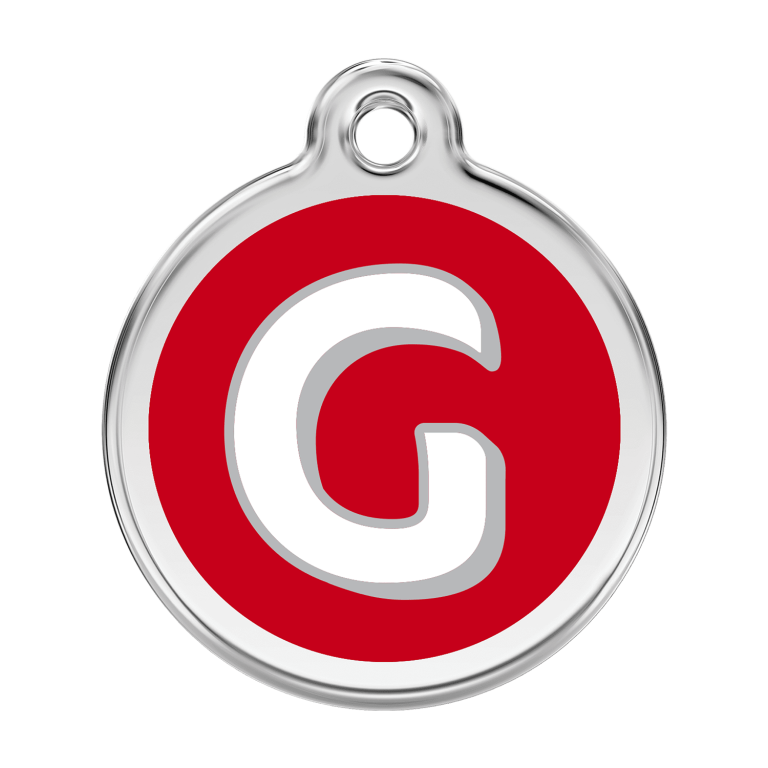 Vue avant - Médaille personnalisée pour chien Red Dingo Émail et acier inoxydable - Lettre G - Rouge - Talla L