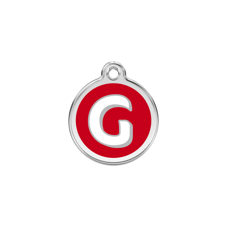 Vue avant - Médaille personnalisée pour chien/chat Red Dingo Émail et acier inoxydable - Lettre G - Rouge - Talla S