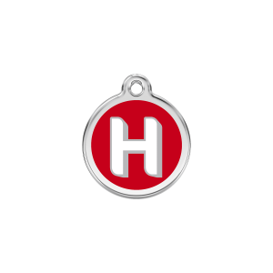 Placa para gato pequeña con letra H en esmalte rojo y acero inoxidable