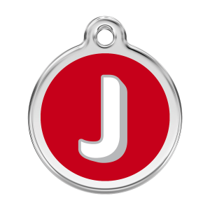 Placa para perro grande con letra J en esmalte rojo y acero inoxidable