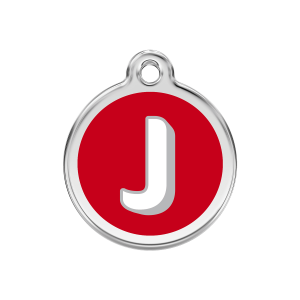 Placa para perro mediana con letra J en esmalte rojo y acero inoxidable
