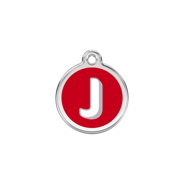 Vue avant - Médaille personnalisée pour chien/chat Red Dingo Émail/Acier inoxydable - Lettre J - Rouge - Talla S