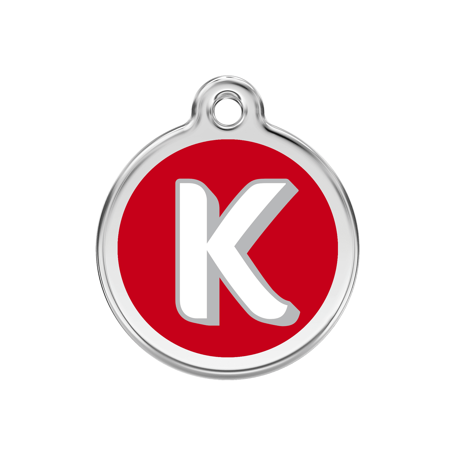 Vue avant - Médaille personnalisée pour chien Red Dingo Émail et acier inoxydable - Lettre K - Rouge - Talla M