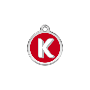 Placa para gato pequeña con letra K en esmalte rojo y acero inoxidable