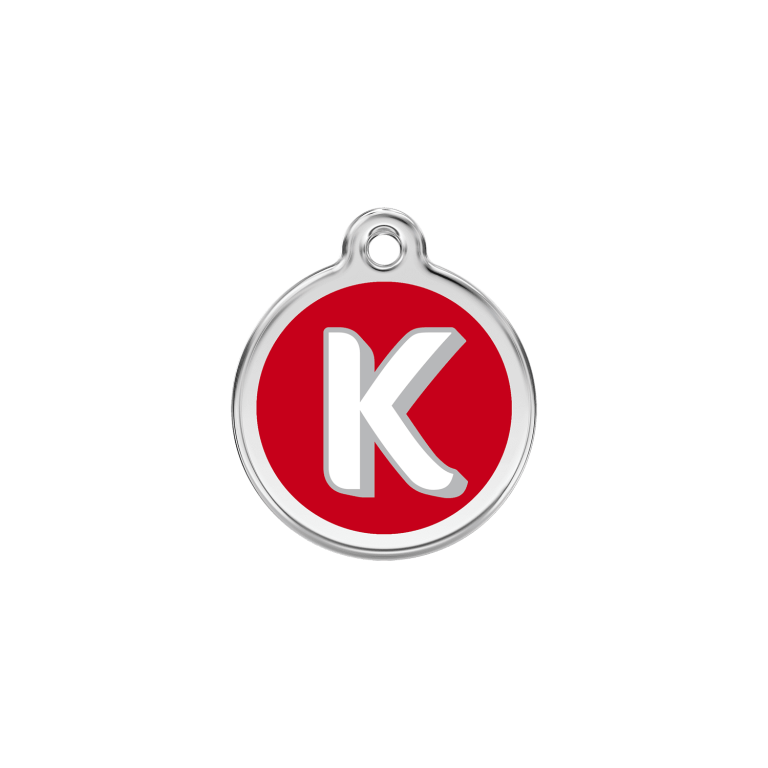 Vue avant - Médaille personnalisée pour chien/chat Red Dingo Émail et acier inoxydable - Lettre K - Rouge - Talla S