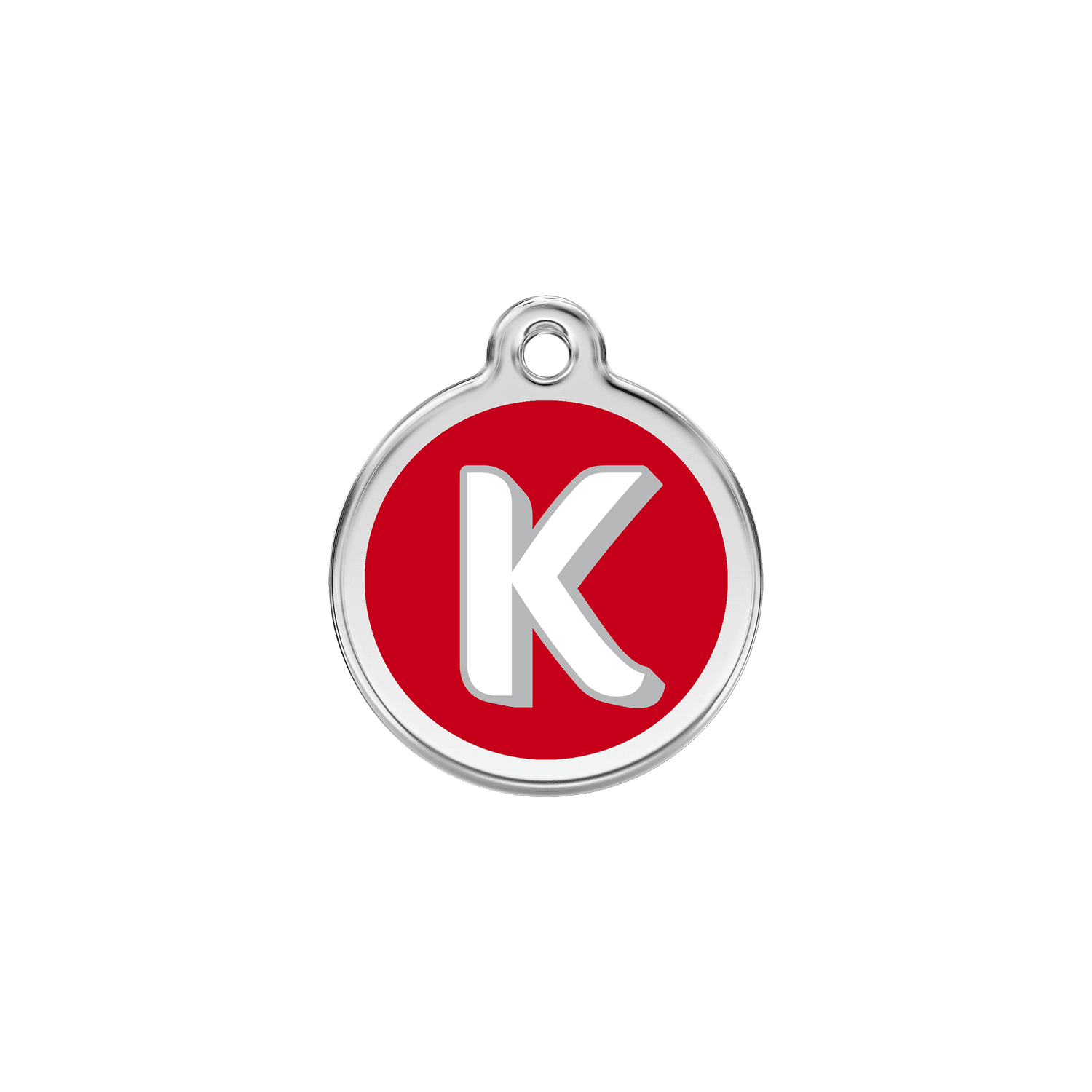 Vue avant - Médaille personnalisée pour chien/chat Red Dingo Émail et acier inoxydable - Lettre K - Rouge - Talla S