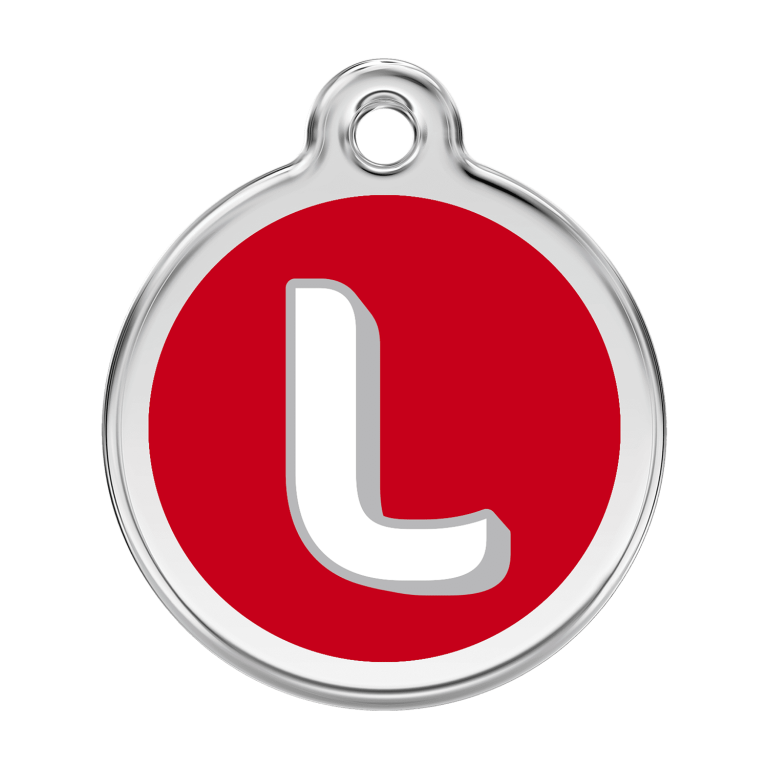 Vue avant - Médaille personnalisée pour chien Red Dingo Émail et acier inoxydable Lettre L Rouge 38.00mm