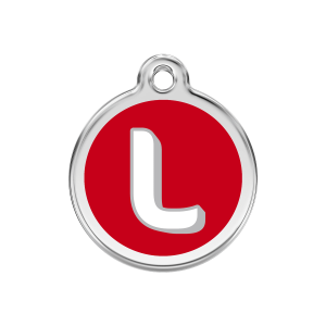 Placa para perro mediana con letra L en esmalte rojo y acero inoxidable