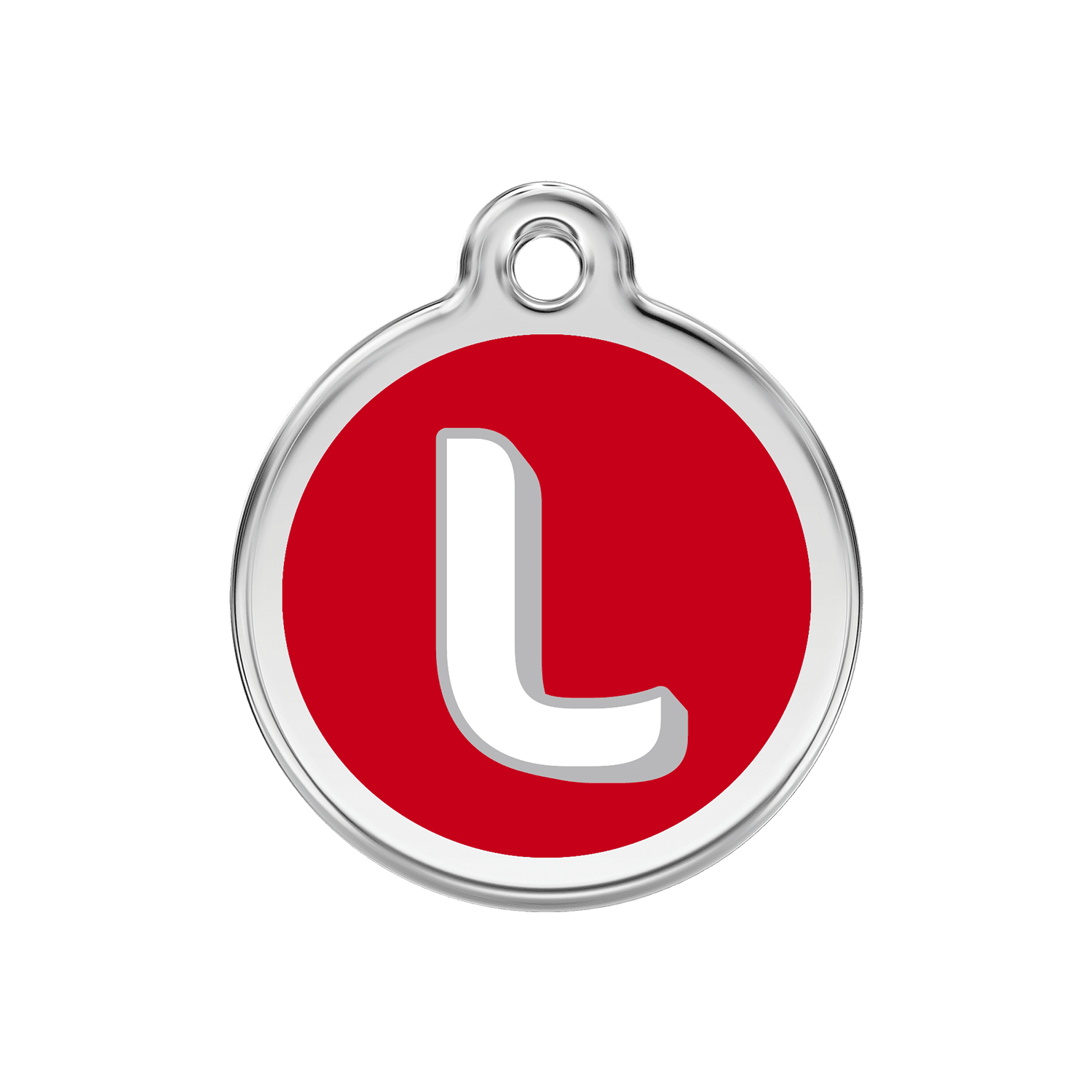 Vue avant - Médaille personnalisée pour chien Red Dingo Émail et acier inoxydable - Lettre L - Rouge - Talla M