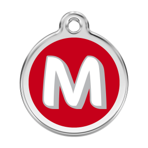 Placa para perro grande con letra M en esmalte rojo y acero inoxidable