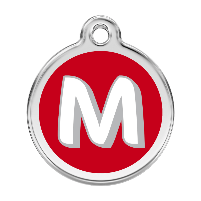 Vue avant - Médaille personnalisée pour chien Red Dingo Émail et acier inoxydable - Lettre M - Rouge - Talla L