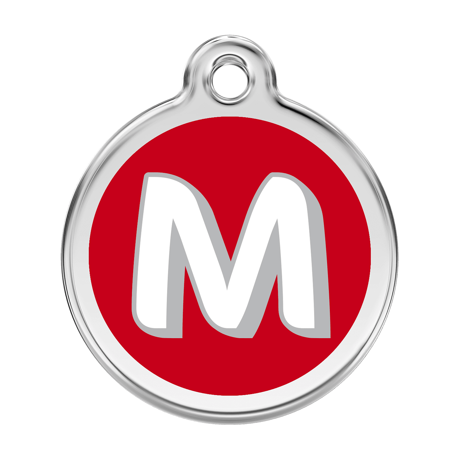 Vue avant - Médaille personnalisée pour chien Red Dingo Émail et acier inoxydable - Lettre M - Rouge - Talla L