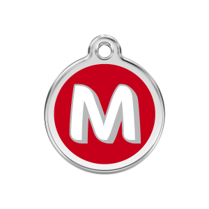 Placa para perro mediana con letra M en esmalte rojo y acero inoxidable