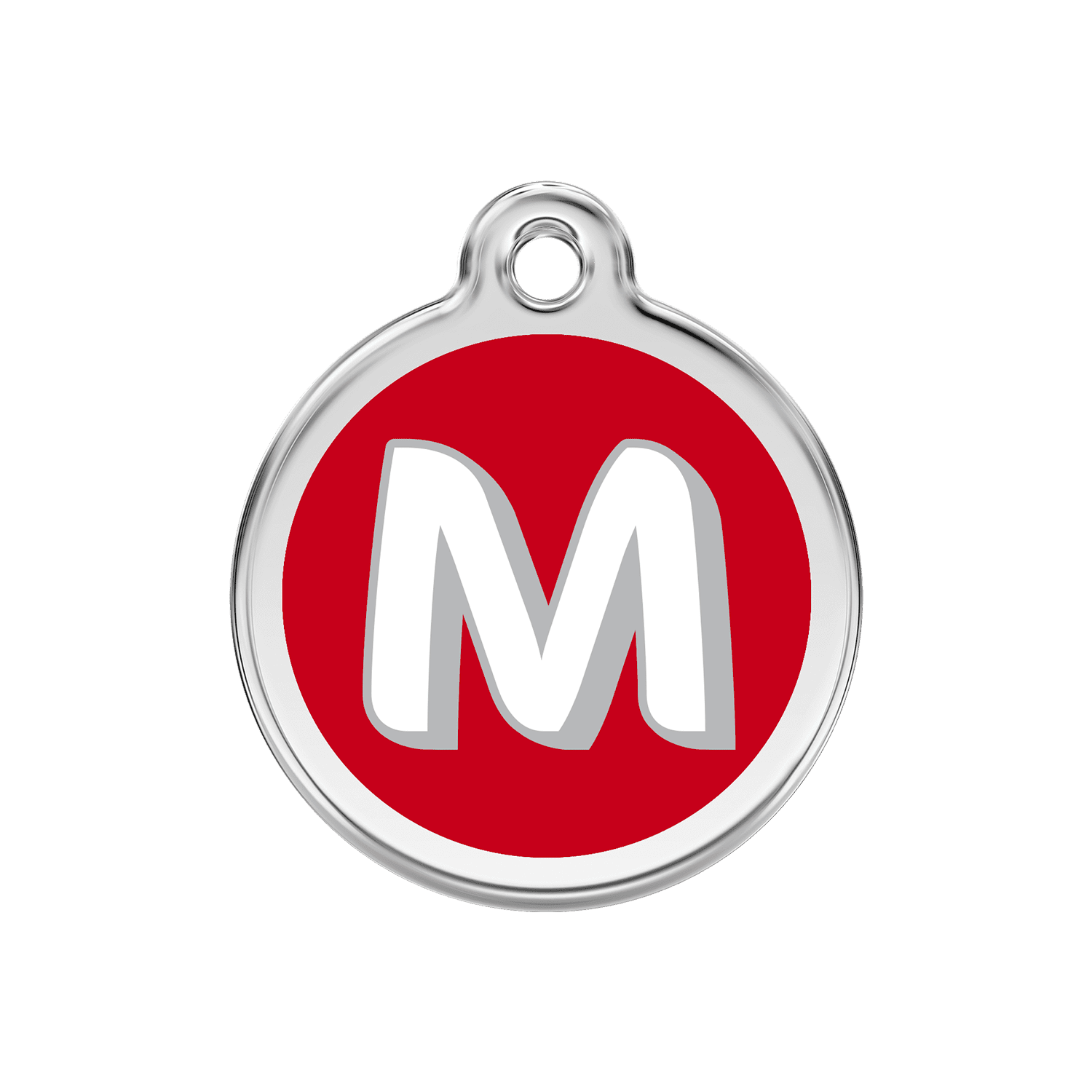 Vue avant - Médaille personnalisée pour chien Red Dingo Émail et acier inoxydable Lettre M Rouge 30mm