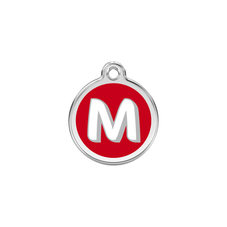 Vue avant - Médaille personnalisée pour chien/chat Red Dingo Émail et acier inoxydable - Lettre M rouge - Talla S 20.00mm