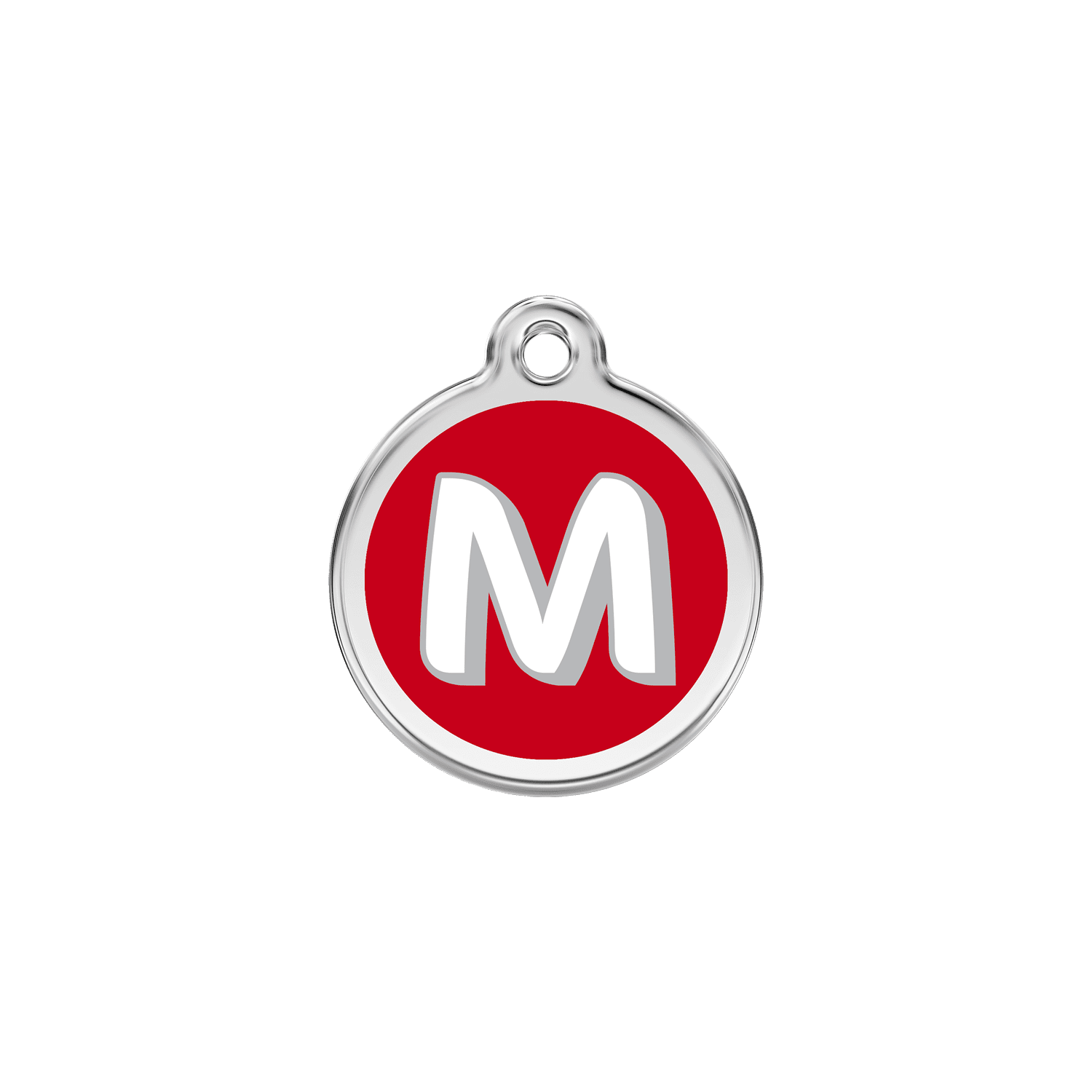 Vue avant - Médaille personnalisée pour chien/chat Red Dingo Émail et acier inoxydable - Lettre M rouge - Talla S 20.00mm