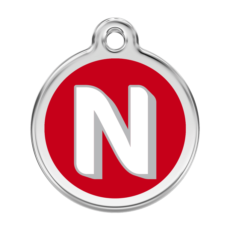 Vue avant - Médaille personnalisée pour chien Red Dingo Émail et acier inoxydable - Lettre N - Rouge - Talla L