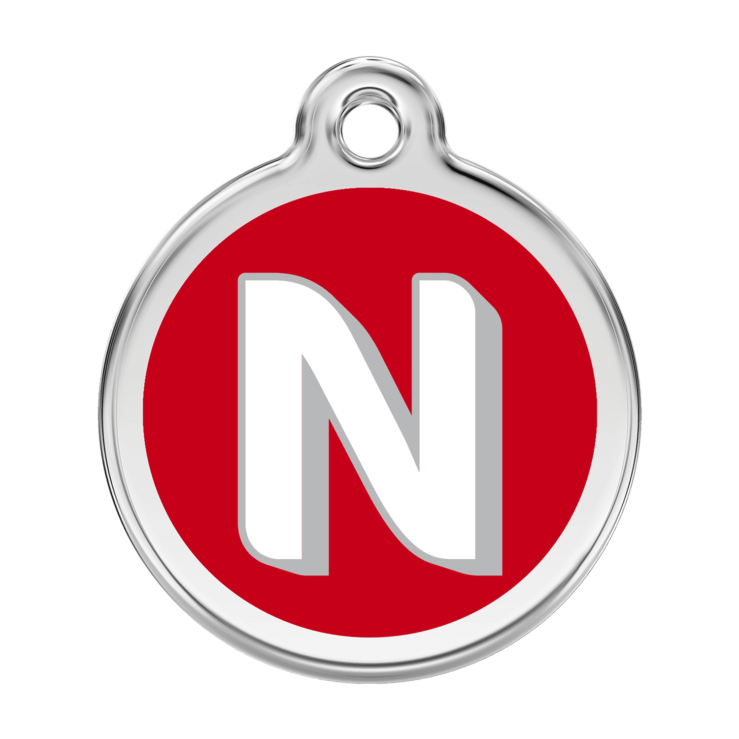 Vue avant - Médaille personnalisée pour chien Red Dingo Émail et acier inoxydable - Lettre N - Rouge - Talla L
