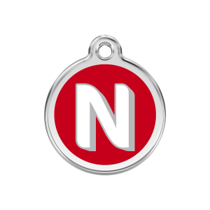 Placa para perro mediana con letra N en esmalte rojo y acero inoxidable