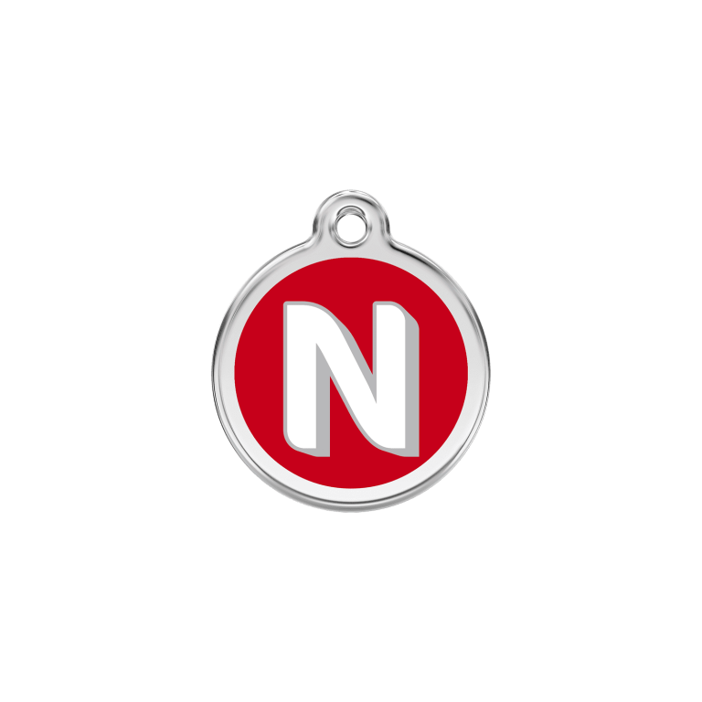 Vue avant - Médaille personnalisée pour chien/chat Red Dingo Émail/Acier inoxydable - Lettre N - Rouge - Talla S