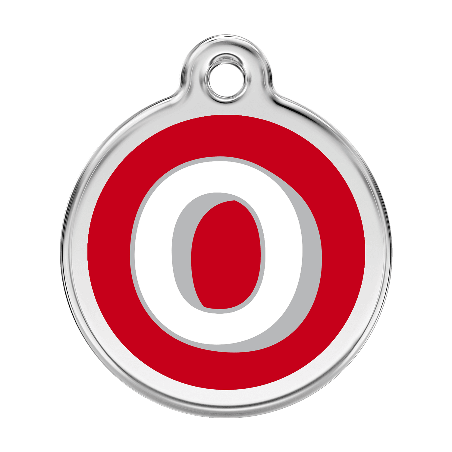 Vue avant - Médaille personnalisée pour chien ou chat - Red Dingo Émail et acier inoxydable - Lettre O rouge - Talla L