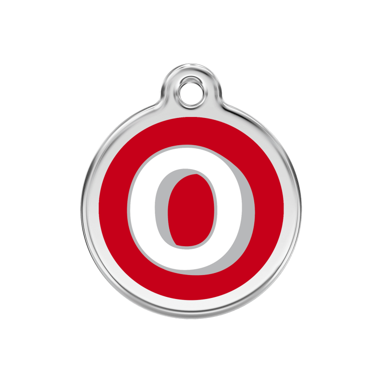 Vue avant - Médaille personnalisable pour chien Red Dingo Émail et acier inoxydable - Lettre O rouge - Talla M