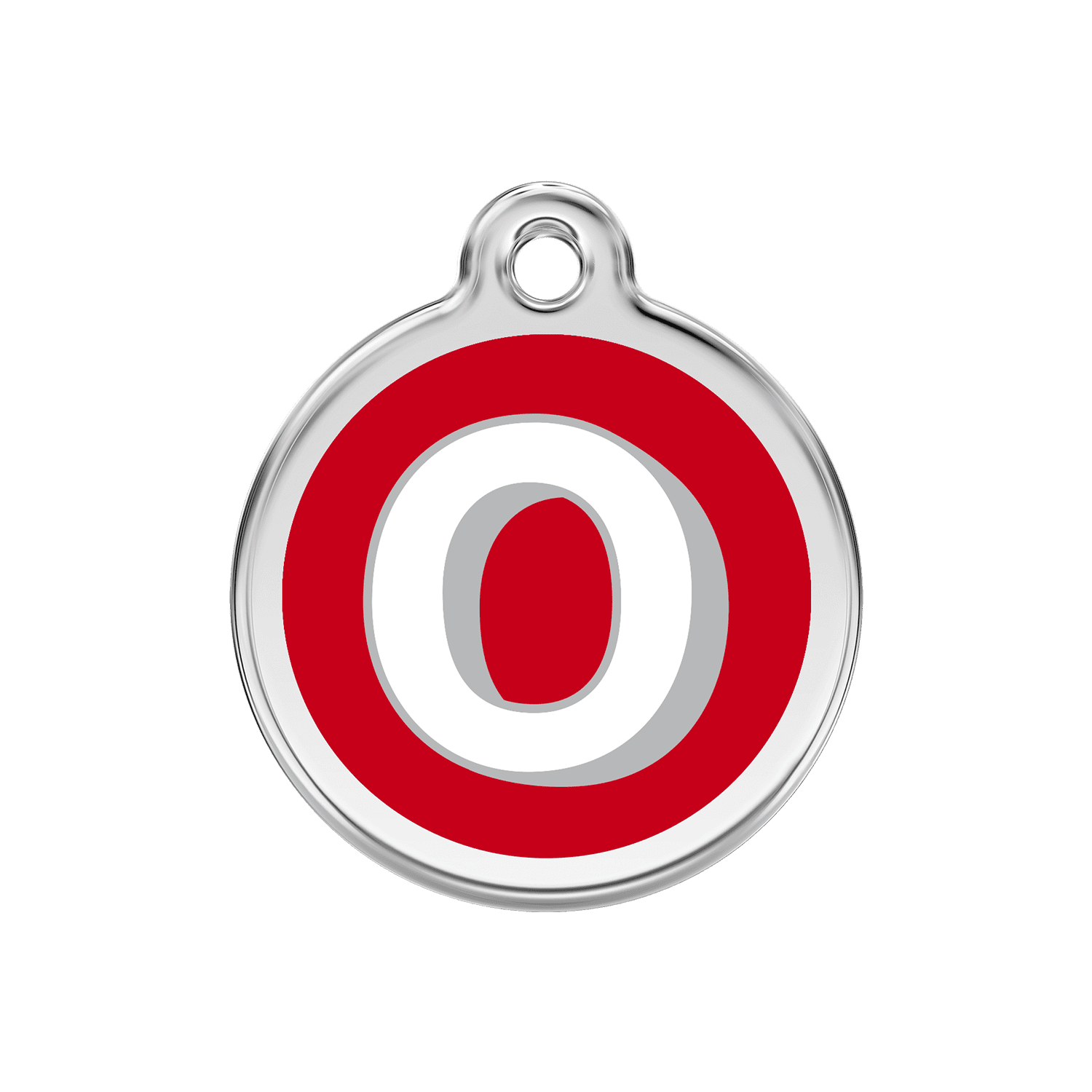 Vue avant - Médaille personnalisable pour chien Red Dingo Émail et acier inoxydable - Lettre O rouge - Talla M