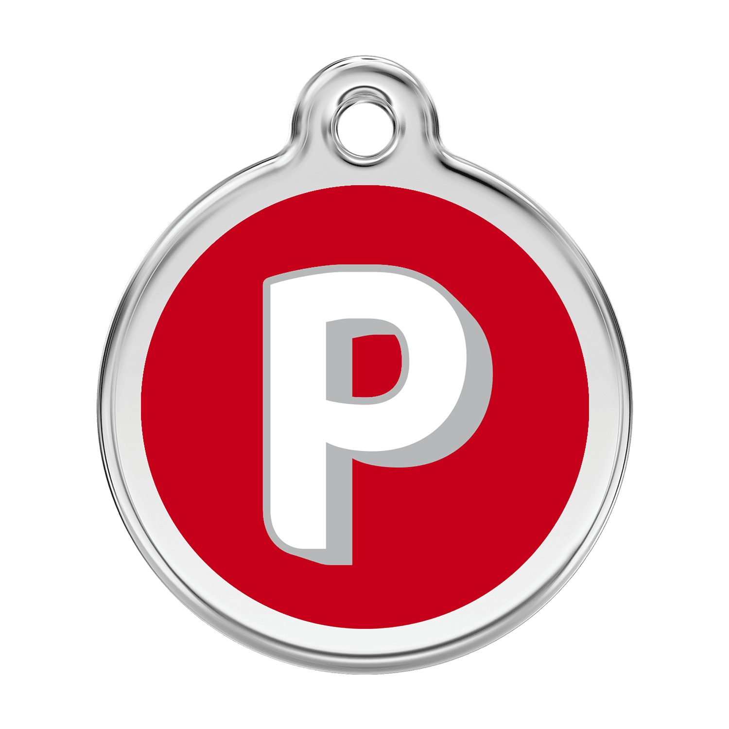 Vue avant - Médaille personnalisée pour chien Red Dingo Émail et acier inoxydable - Lettre P - Rouge - Talla L