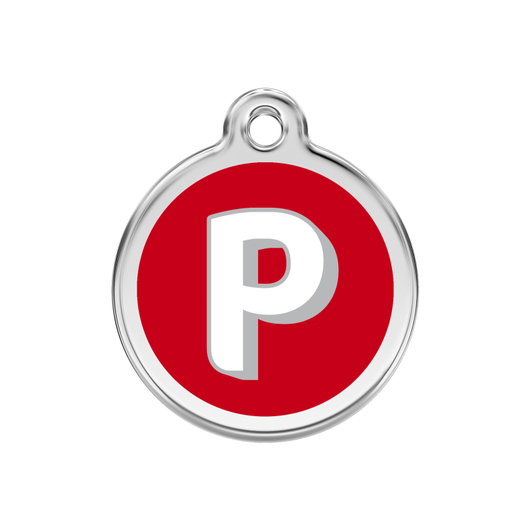 Vue avant - Médaille personnalisée pour chien Red Dingo Émail et acier inoxydable - Lettre P - Rouge - Talla M