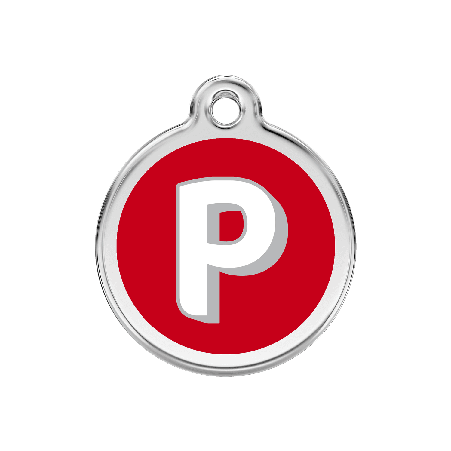 Vue avant - Médaille personnalisée pour chien Red Dingo Émail et acier inoxydable - Lettre P - Rouge - Talla M