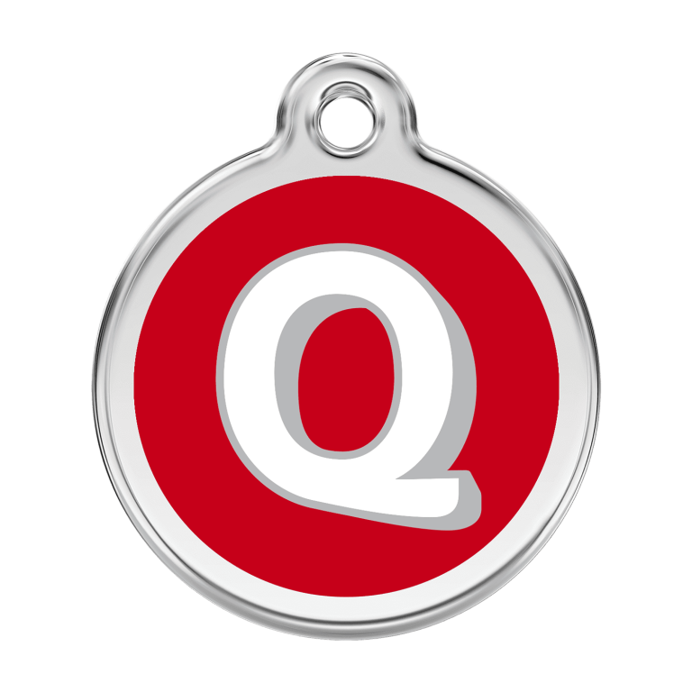 Vue avant - Médaille personnalisée pour chien Red Dingo Émail et acier inoxydable - Lettre Q - Rouge - Talla L
