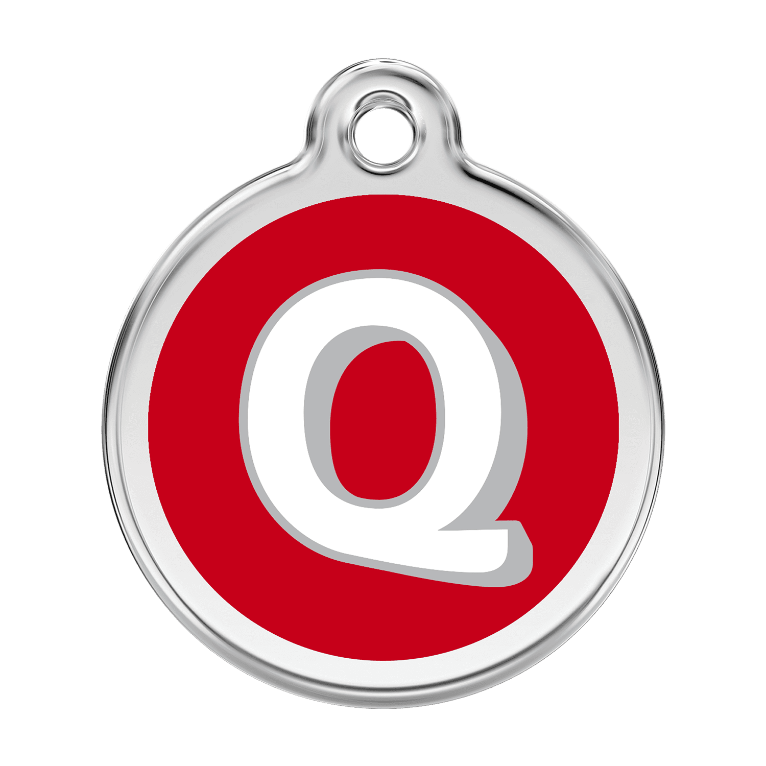 Vue avant - Médaille personnalisée pour chien Red Dingo Émail et acier inoxydable - Lettre Q - Rouge - Talla L