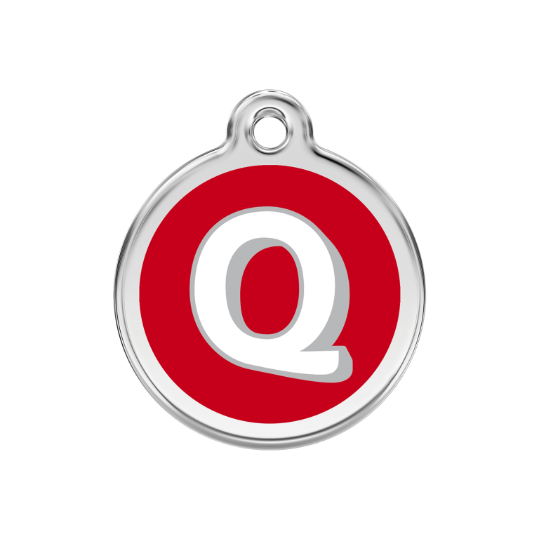 Vue avant - Médaille personnalisée pour chien Red Dingo Émail et acier inoxydable - Lettre Q rouge - Talla M