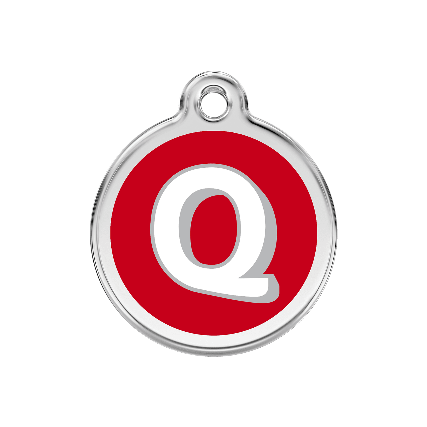 Vue avant - Médaille personnalisée pour chien Red Dingo Émail et acier inoxydable - Lettre Q rouge - Talla M