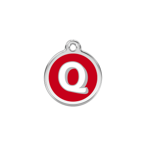 Placa para gato pequeña con letra Q en esmalte rojo y acero inoxidable