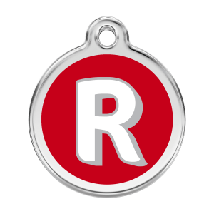 Placa para perro grande con letra R en esmalte rojo y acero inoxidable