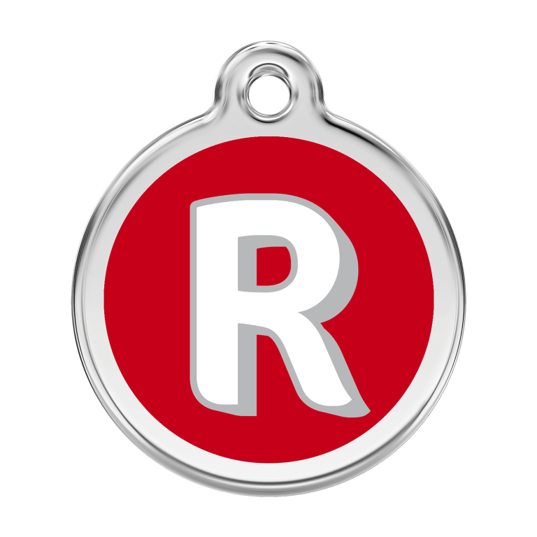 Vue avant - Médaille personnalisée pour chien Red Dingo Émail et acier inoxydable - Lettre R - Rouge - Talla L