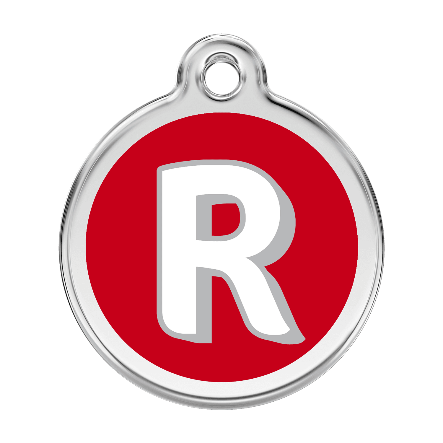 Vue avant - Médaille personnalisée pour chien Red Dingo Émail et acier inoxydable - Lettre R - Rouge - Talla L